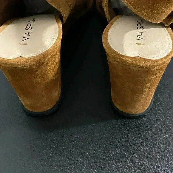 Via Spiga Wedge Heel Sandals New NWOT Brown Cognac Leather Suede - Picture 9 of 13